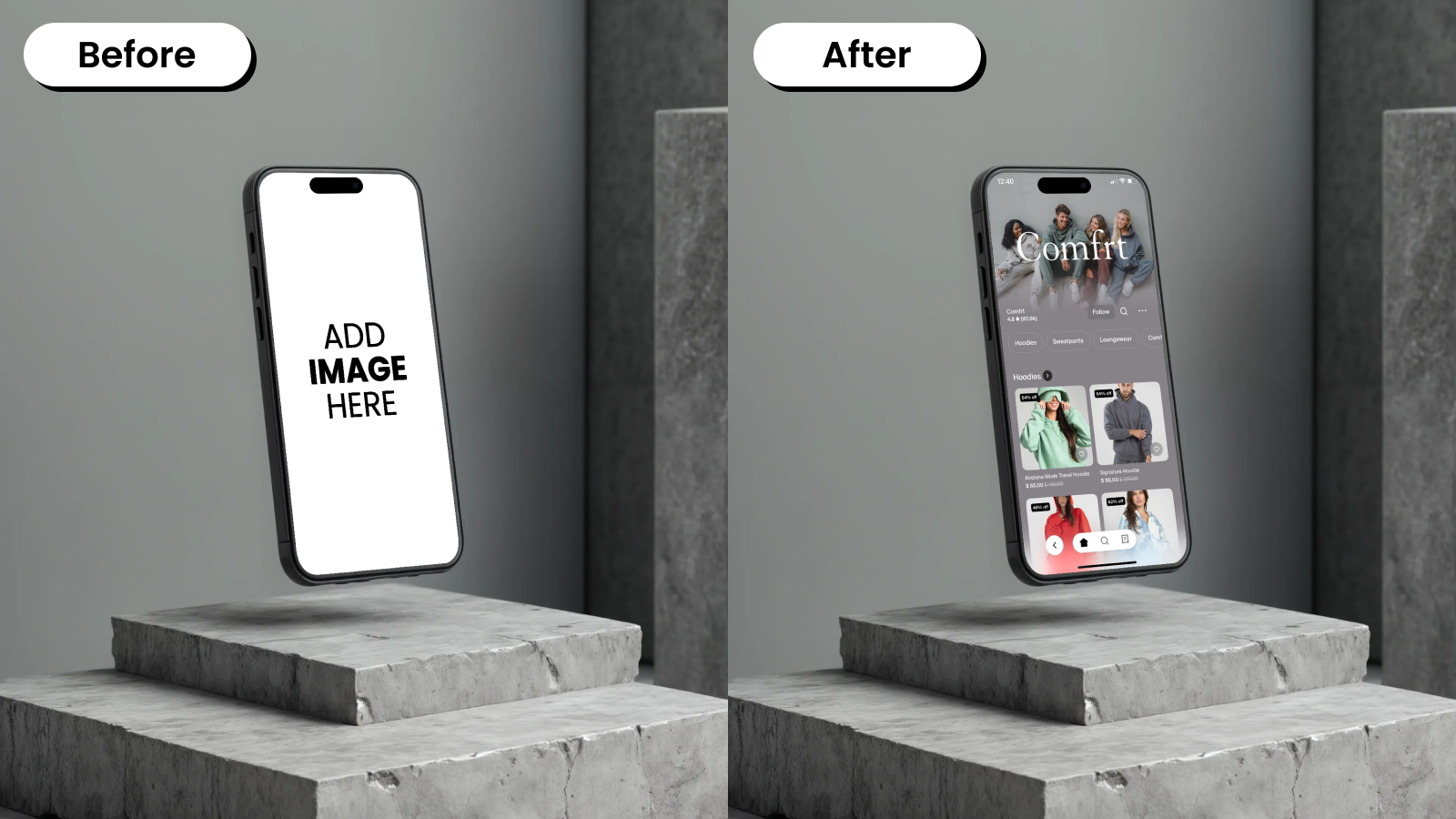 Before and after floating iPhone mockup on a stone pedestal.